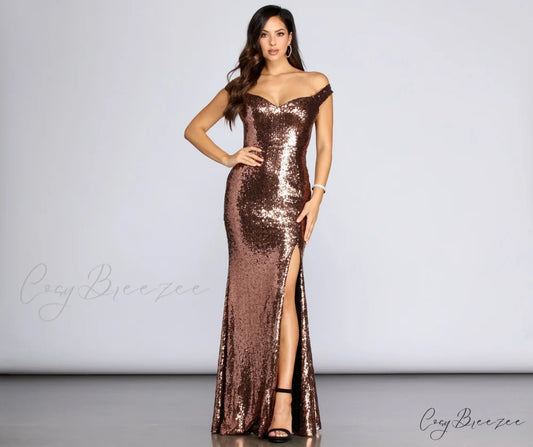 Anika Off The Charming Shoulder Sequin Dress COPPER / S