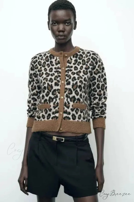 Animal Pattern Leopard Round Neck Cardigan MULTI / S cardigans-241228