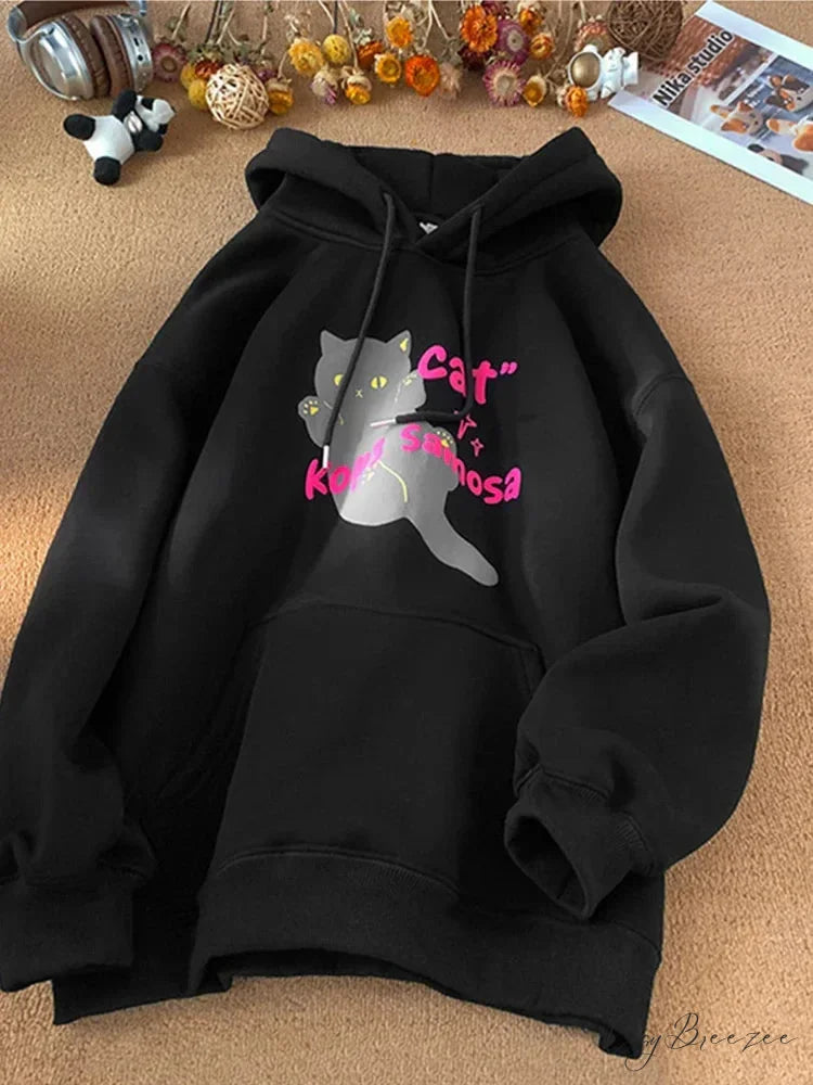 Anime Kawaii Cat Graphic Retro Hoodie Black / M(40-45KG) hoodies-241228