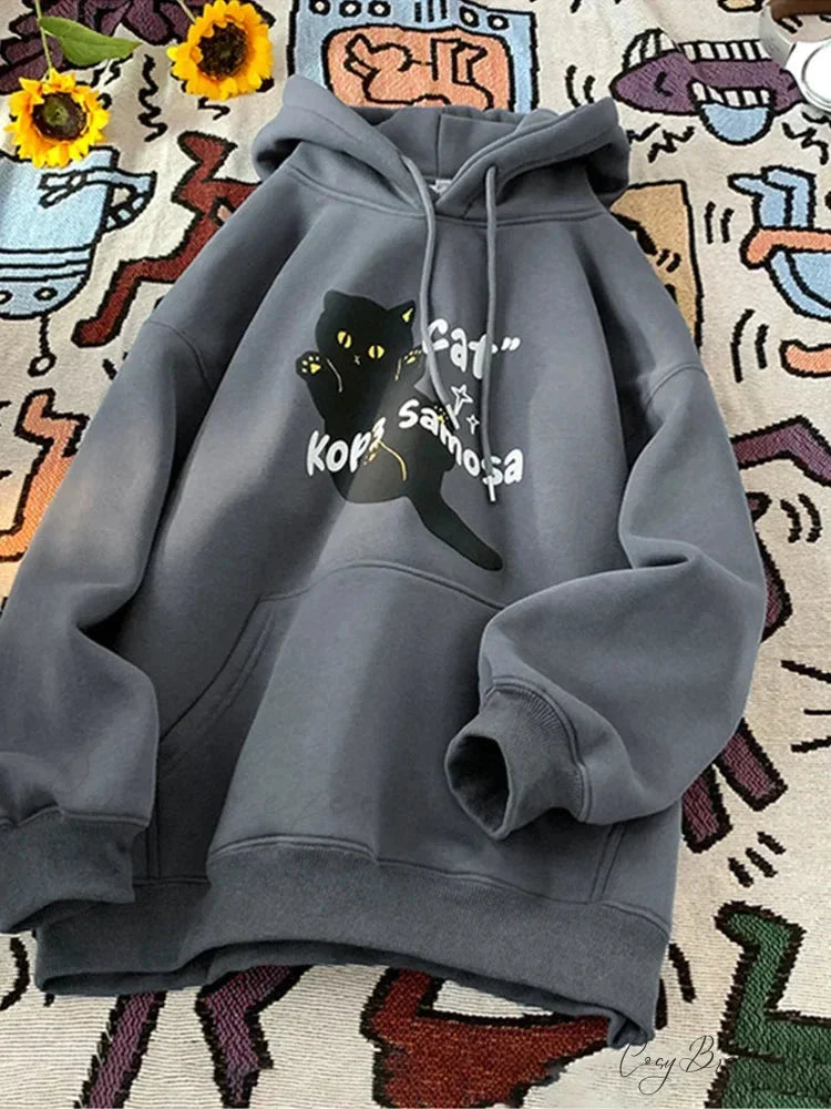 Anime Kawaii Cat Graphic Retro Hoodie Dark Grey / M(40-45KG) hoodies-241228
