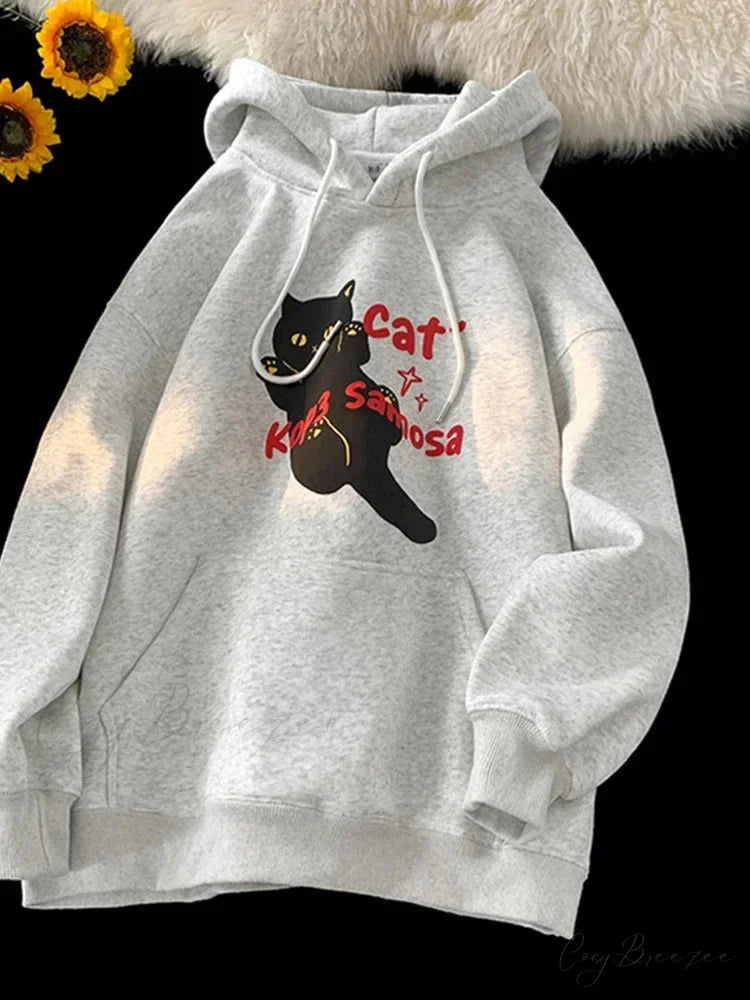 Anime Kawaii Cat Graphic Retro Hoodie GRAY / M(40-45KG) hoodies-241228