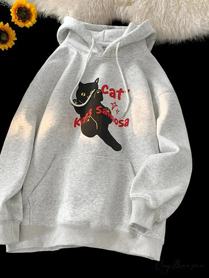 Anime Kawaii Cat Graphic Retro Hoodie GRAY / M(40-45KG) hoodies-241228