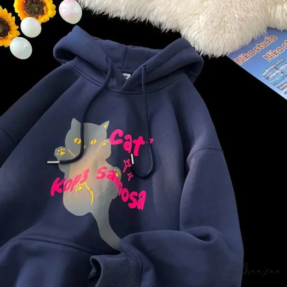 Anime Kawaii Cat Graphic Retro Hoodie hoodies-241228