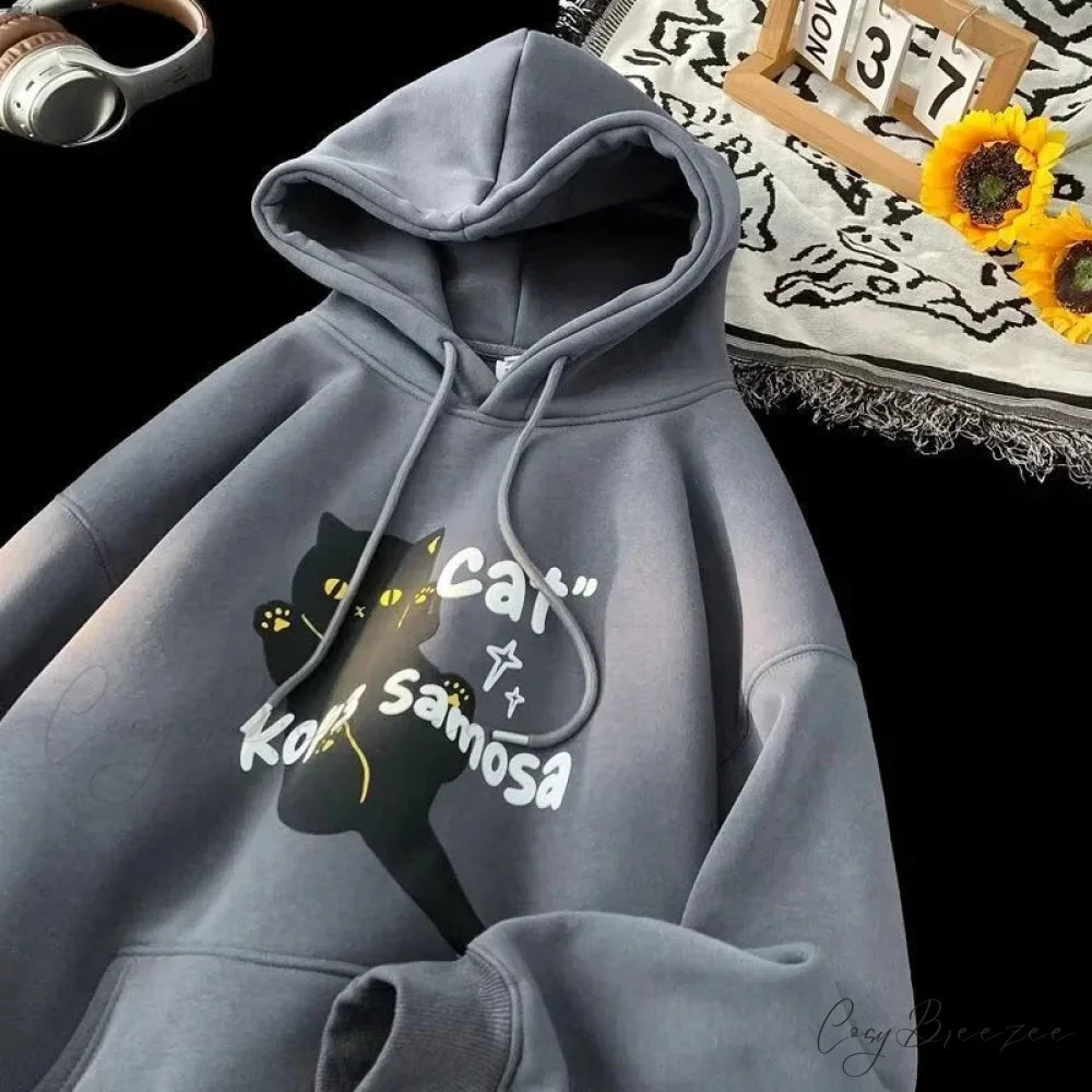 Anime Kawaii Cat Graphic Retro Hoodie hoodies-241228