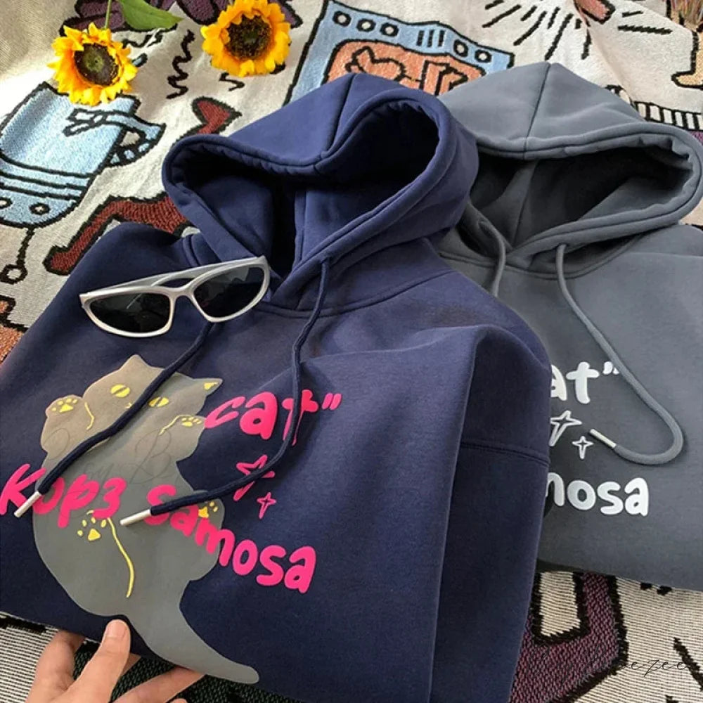 Anime Kawaii Cat Graphic Retro Hoodie hoodies-241228
