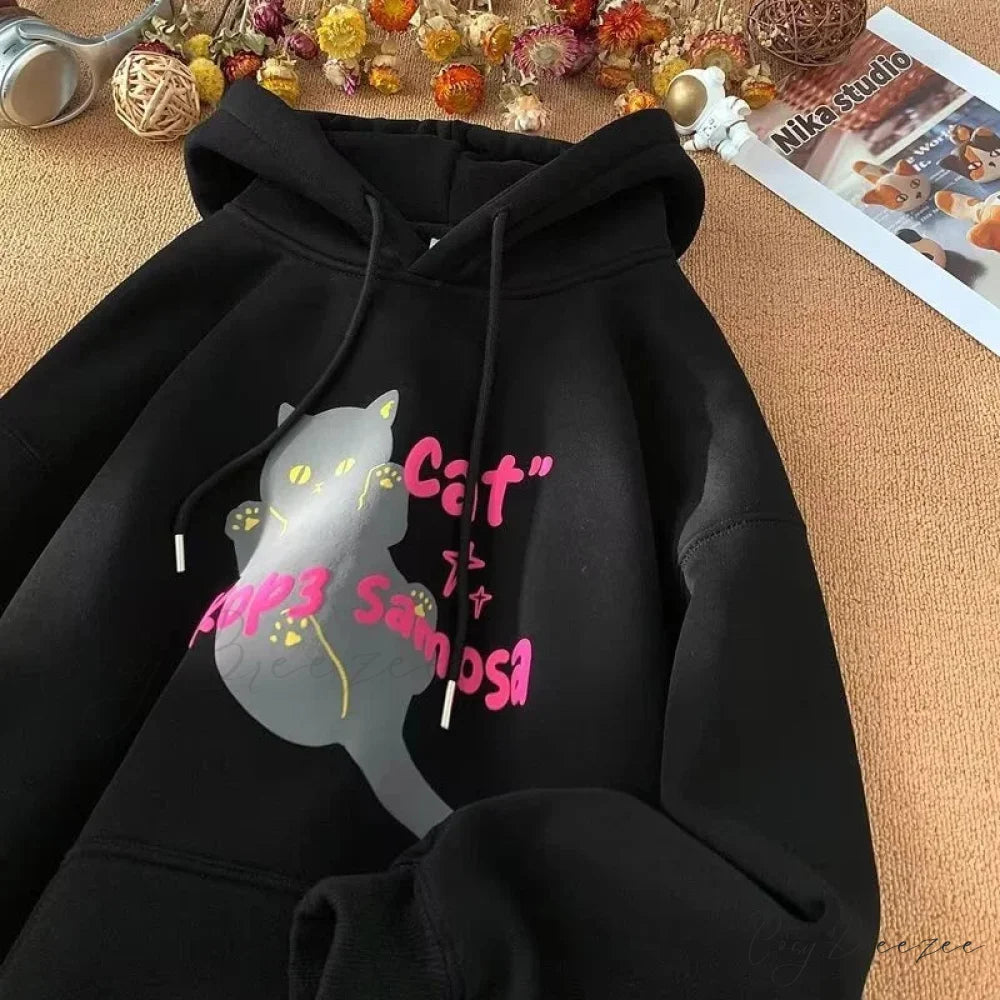 Anime Kawaii Cat Graphic Retro Hoodie hoodies-241228