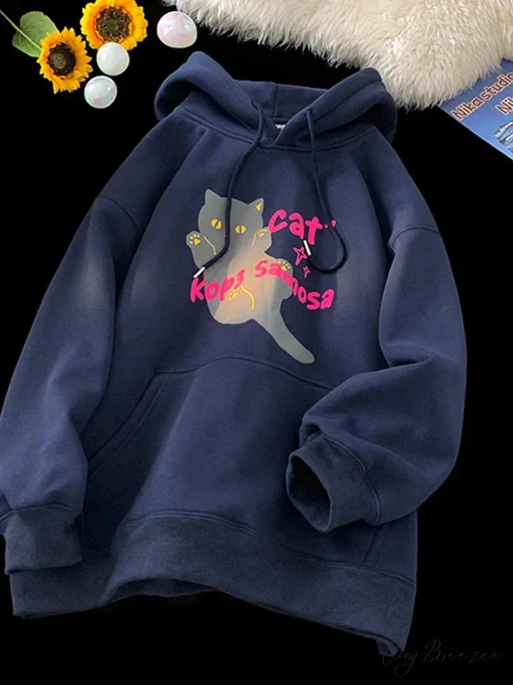 Anime Kawaii Cat Graphic Retro Hoodie Navy Blue / M(40-45KG) hoodies-241228
