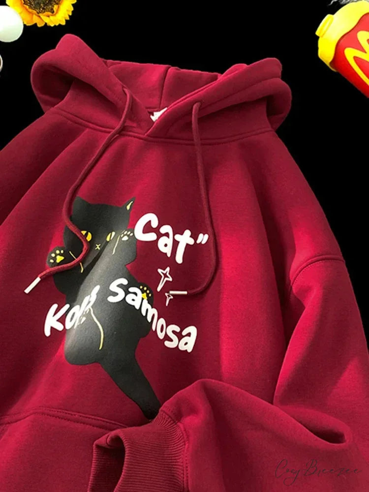 Anime Kawaii Cat Graphic Retro Hoodie Red / M(40-45KG) hoodies-241228