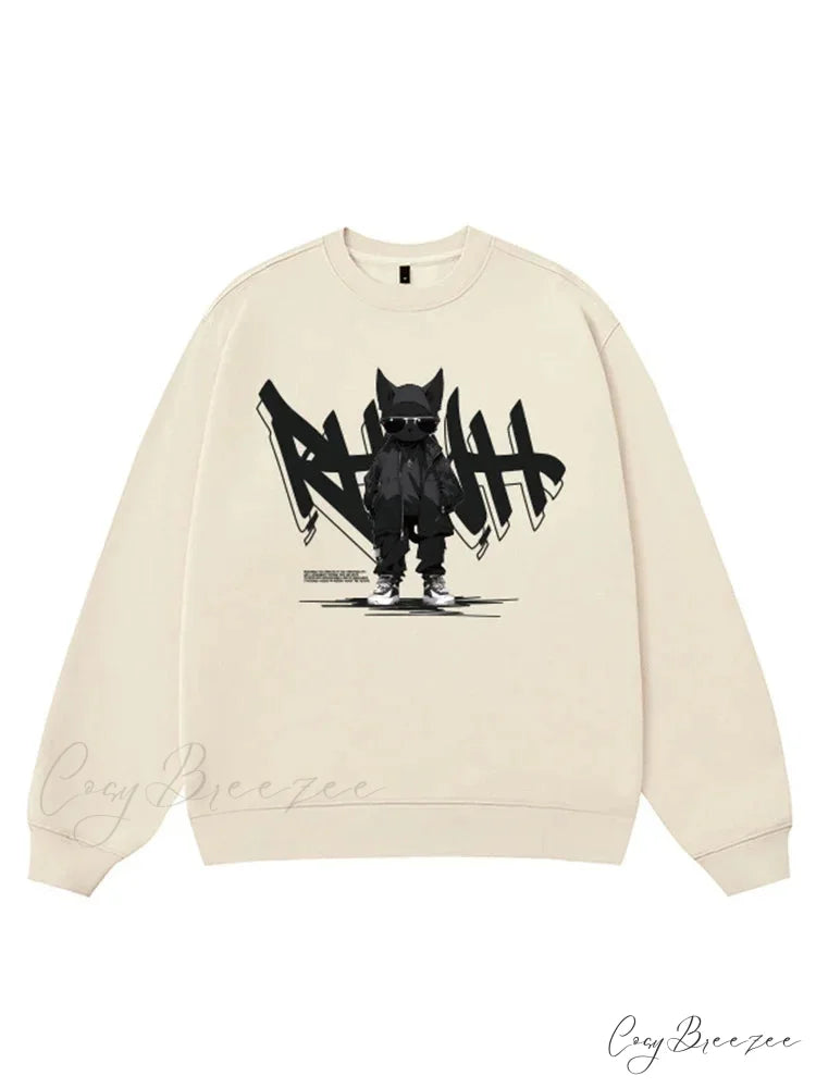 Anime Print Fleece Vintage Sweatshirt apricot / M(40-50KG)