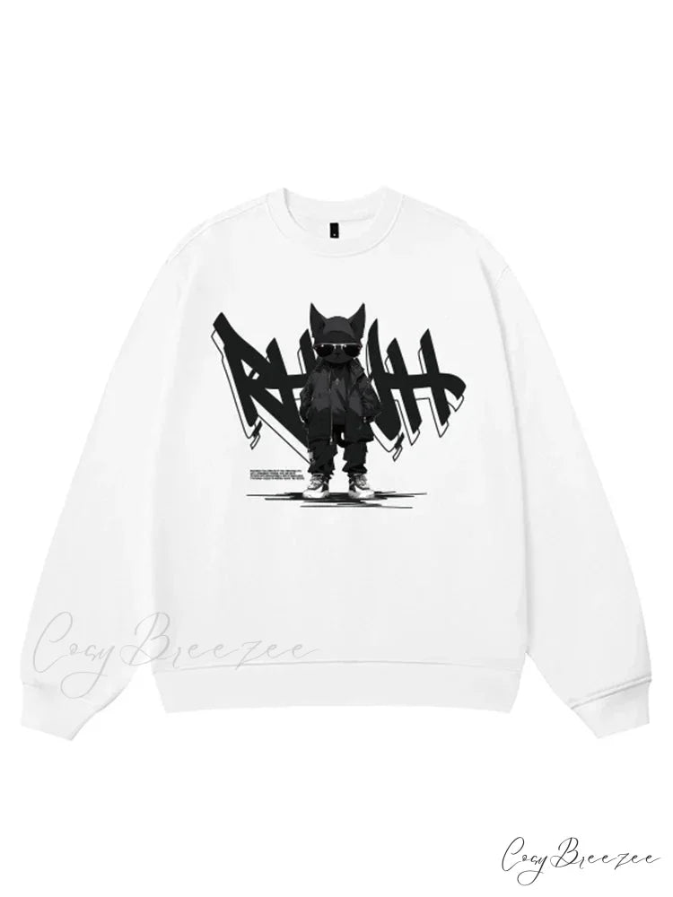 Anime Print Fleece Vintage Sweatshirt WHITE / M(40-50KG)