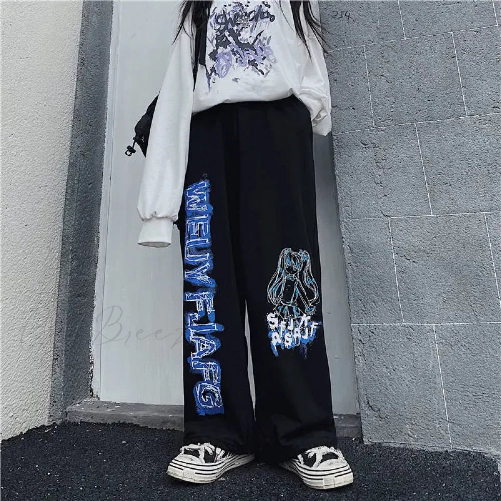 Anime Print Oversized Hip Hop Pants Black / S pants-241228