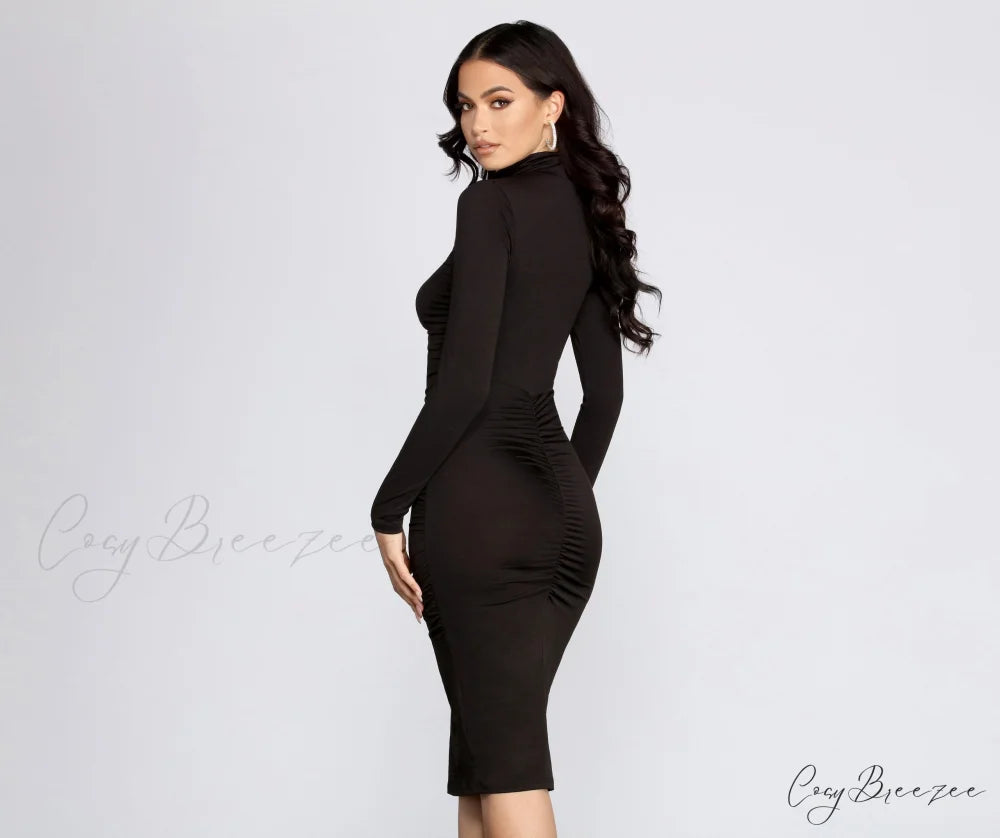Anita Mock Neck Charming Ruched Midi Dress