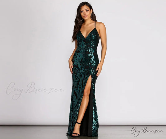 Annalise Scroll Sequin Charming Cross Back Dress TEAL / S