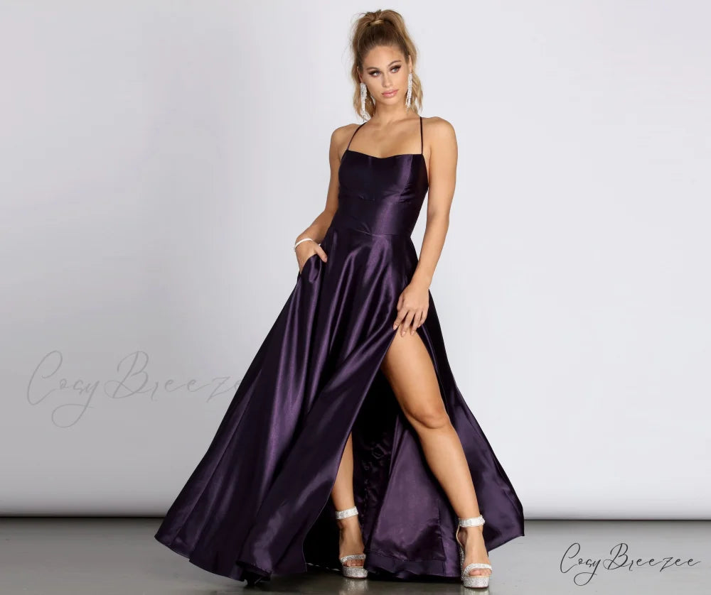 Anne Formal Stylish Lattice Satin Dress EGGPLANT / XS