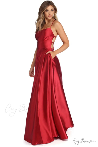 Anne Formal Stylish Lattice Satin Dress RED / XS
