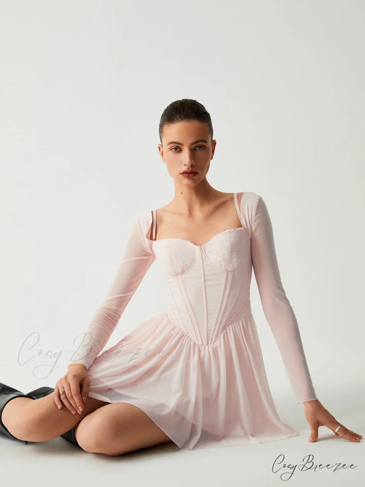 Aphrodite Mesh Bustier Corset Modern Long Sleeve Short Dress Pink / XS