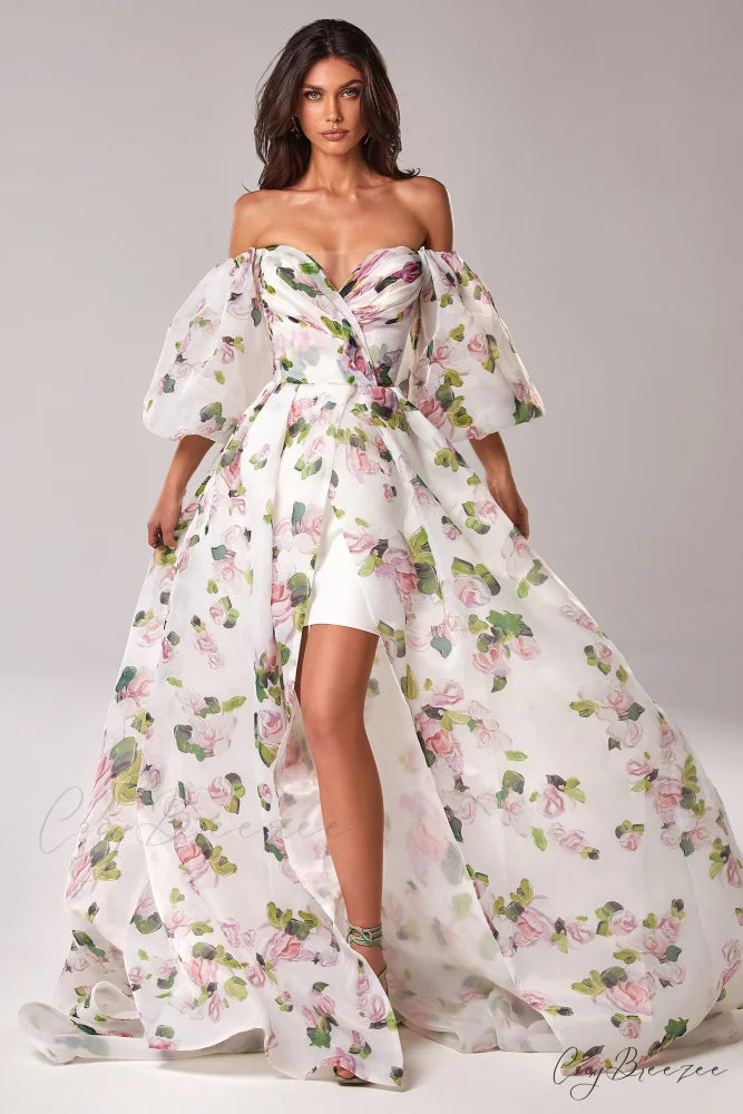 Apple Blossom Elegant Floral Graceful Puff Sleeve Maxi Dress