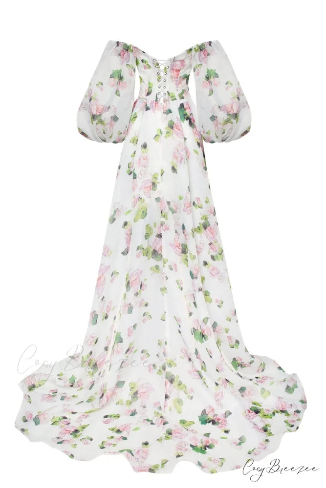 Apple Blossom Elegant Floral Graceful Puff Sleeve Maxi Dress