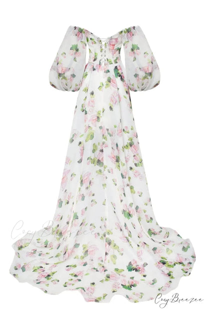 Apple Blossom Elegant Floral Graceful Puff Sleeve Maxi Dress