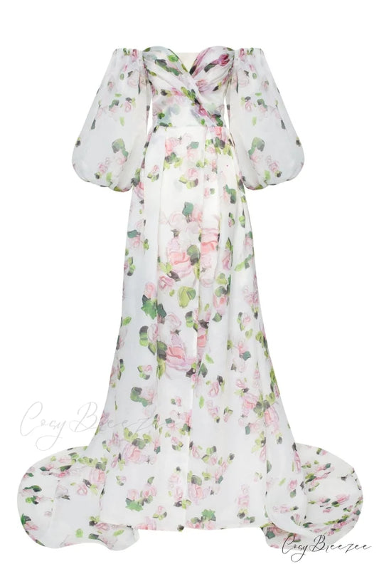 Apple Blossom Elegant Floral Graceful Puff Sleeve Maxi Dress XXS / Apple Blossom / White Underskirt
