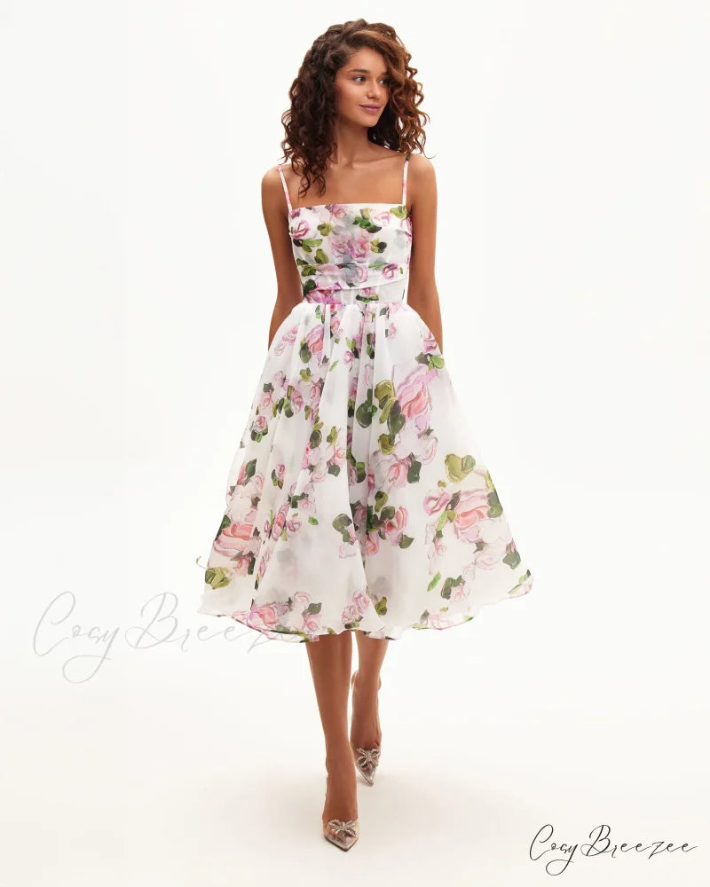 Apple Blossom Spaghetti Charming Strap Midi Dress