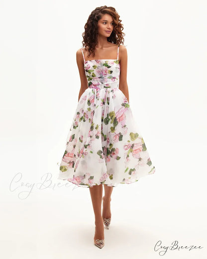 Apple Blossom Spaghetti Charming Strap Midi Dress