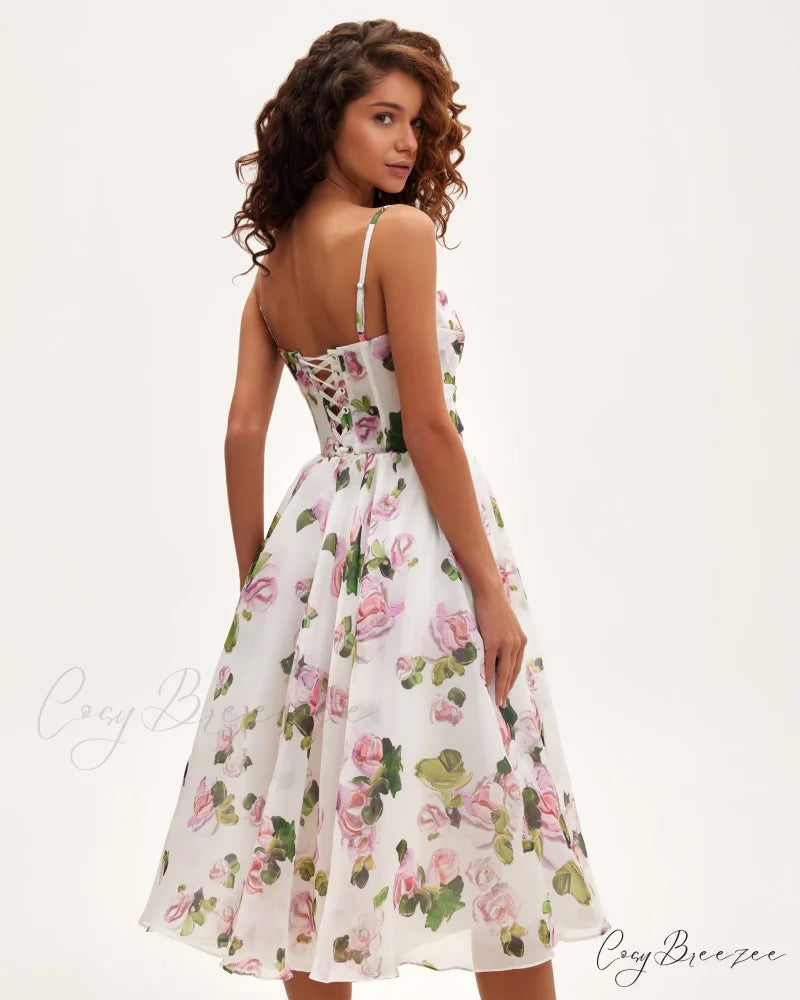 Apple Blossom Spaghetti Charming Strap Midi Dress
