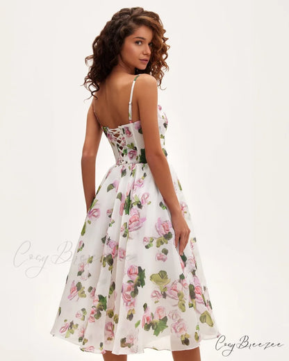 Apple Blossom Spaghetti Charming Strap Midi Dress