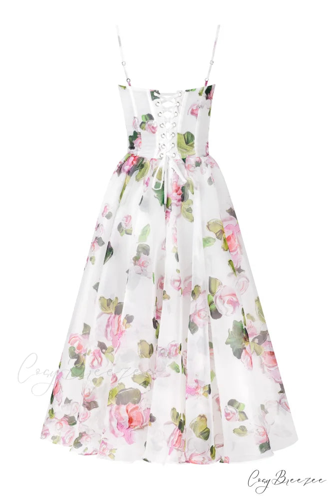Apple Blossom Spaghetti Charming Strap Midi Dress