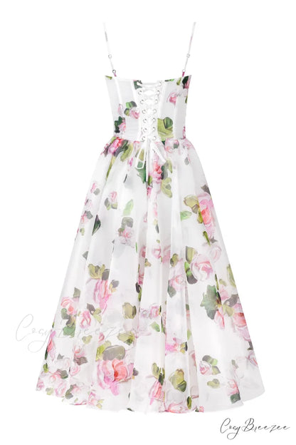 Apple Blossom Spaghetti Charming Strap Midi Dress