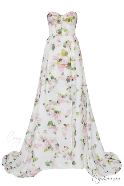 Apple Blossom Strapless Maxi Graceful Dress With Front Slit XXS / Apple Blossom / White