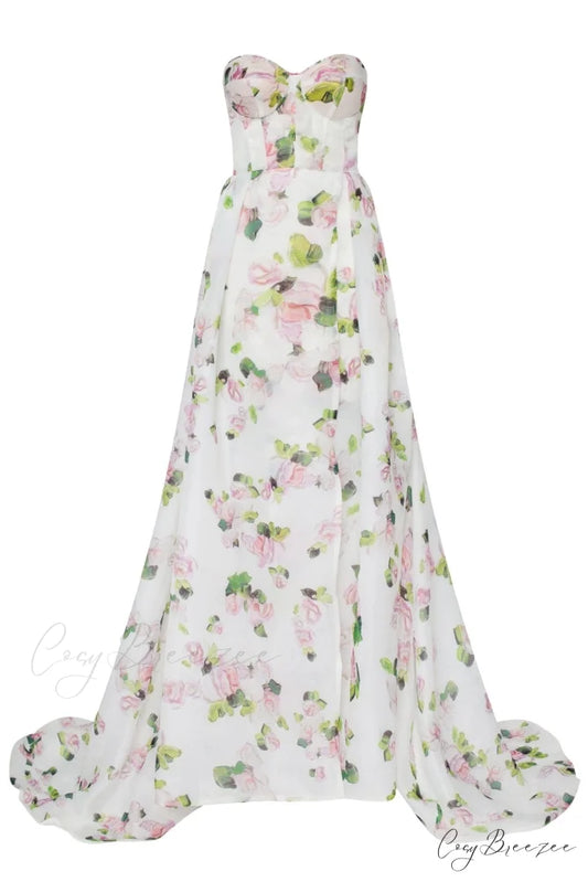 Apple Blossom Strapless Maxi Graceful Dress With Front Slit XXS / Apple Blossom / White