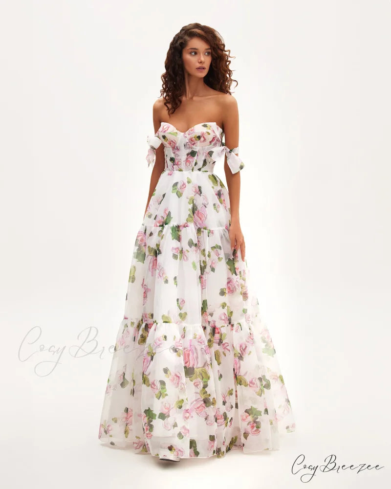 Apple Blossom Tender Charming Floral Maxi Tie-Strap Dress