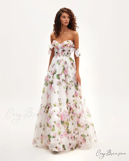 Apple Blossom Tender Charming Floral Maxi Tie-Strap Dress