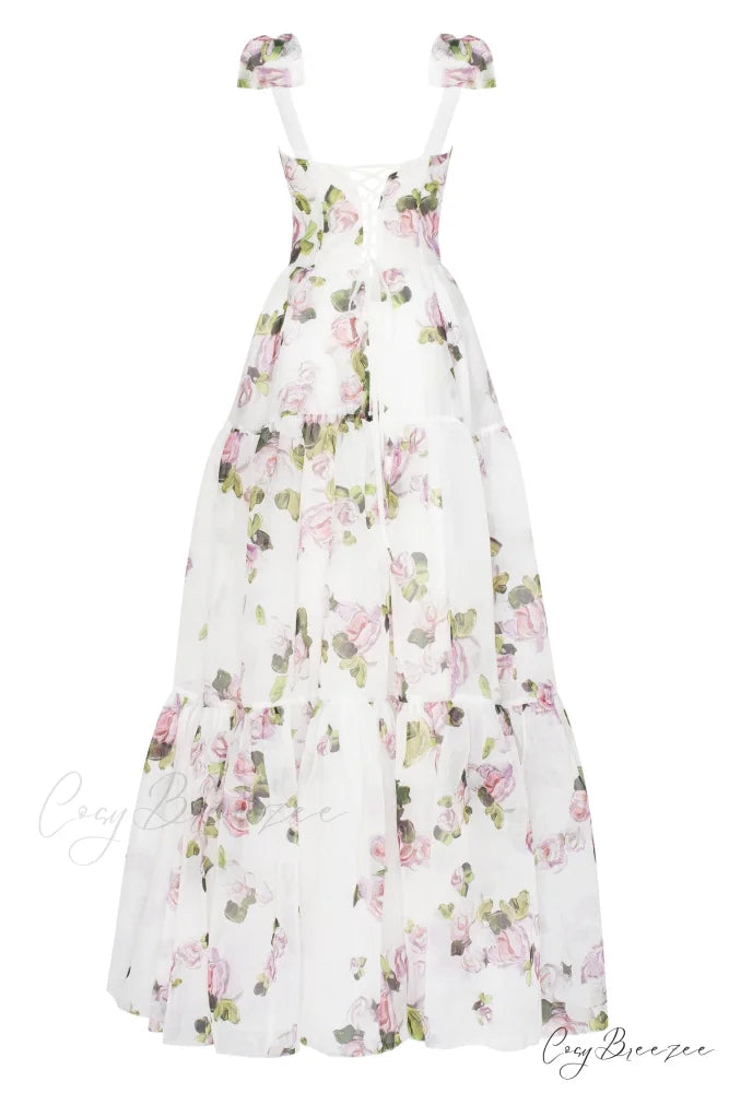 Apple Blossom Tender Charming Floral Maxi Tie-Strap Dress