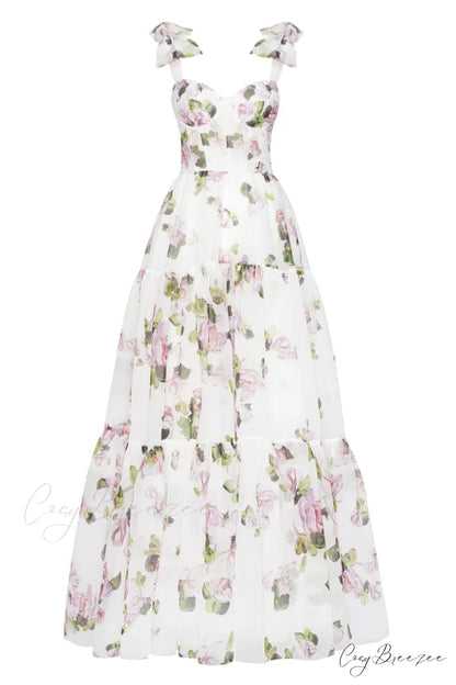 Apple Blossom Tender Charming Floral Maxi Tie-Strap Dress XXS / Apple Blossom