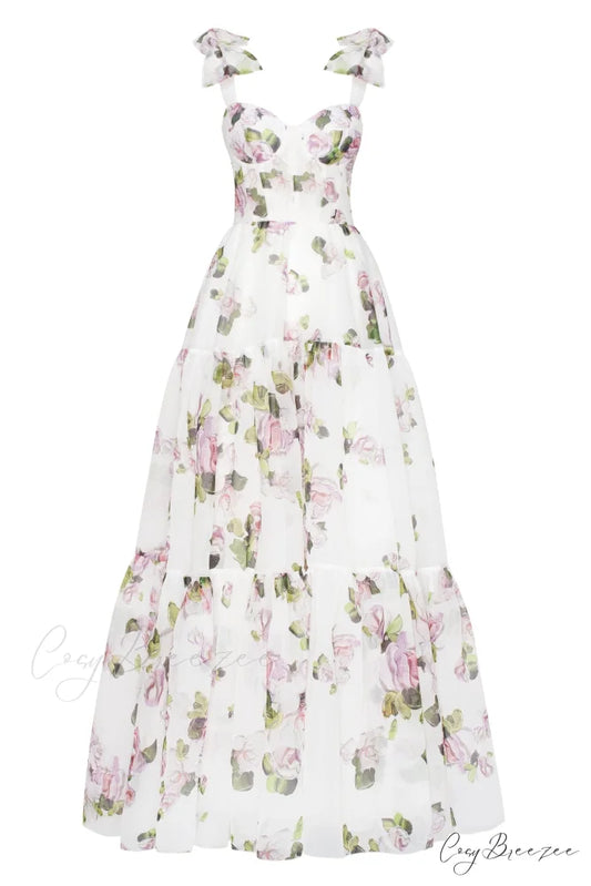 Apple Blossom Tender Charming Floral Maxi Tie-Strap Dress XXS / Apple Blossom