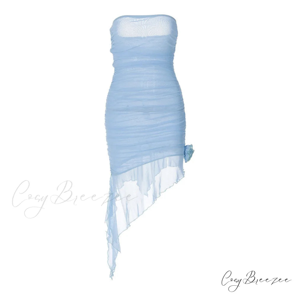 Appliqu?Detail Ruched Mesh Strapless Classic Bodycon Mini Dress - Blue L / White