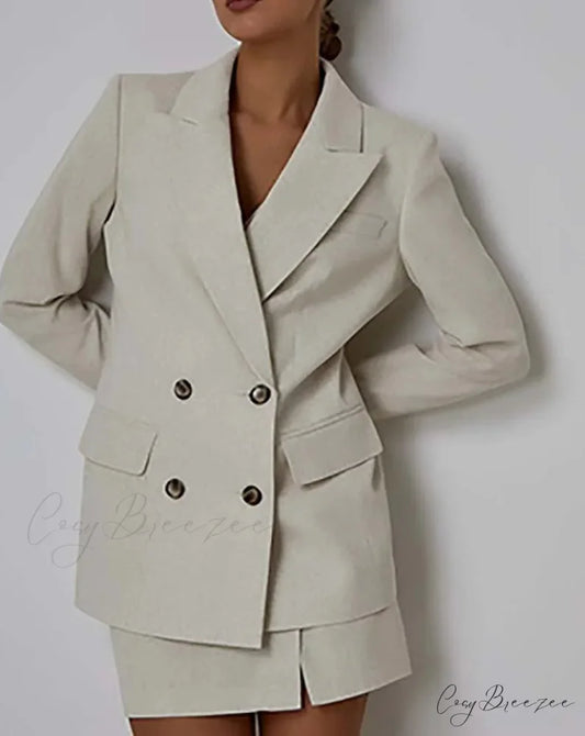 Apricot Double Breasted Mini Skirt Office Set Apricot / S officetwopieceset-250223