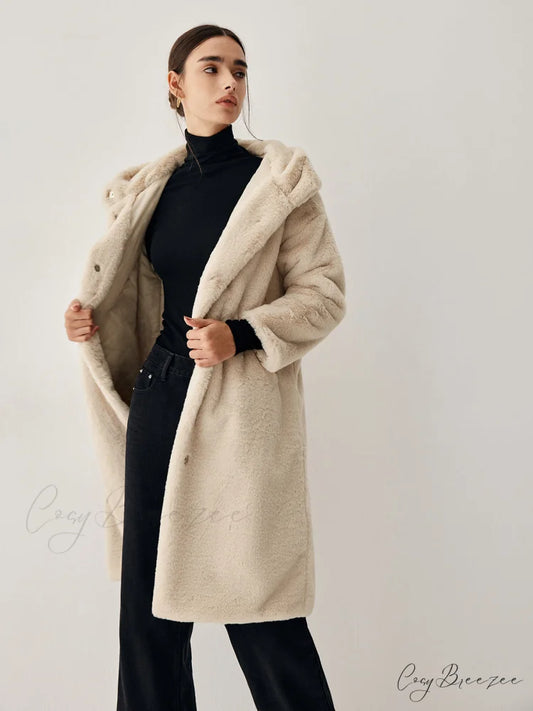 Apricot Faux Fur Trendy Hooded Longline Coat Apricot / XS