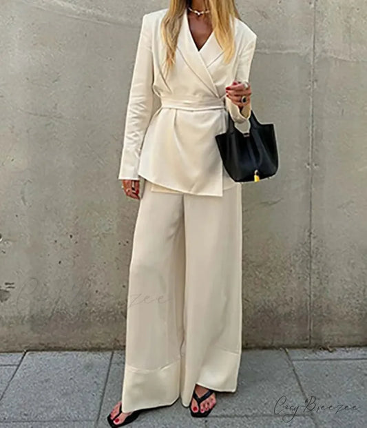 Apricot Lace-Up Straight Trousers Office Set Apricot / S officetwopieceset-250223
