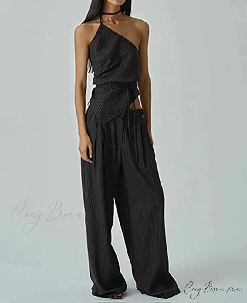 Apricot Print Halter Lace-Up Pants Office Set Black / S officetwopieceset-250223