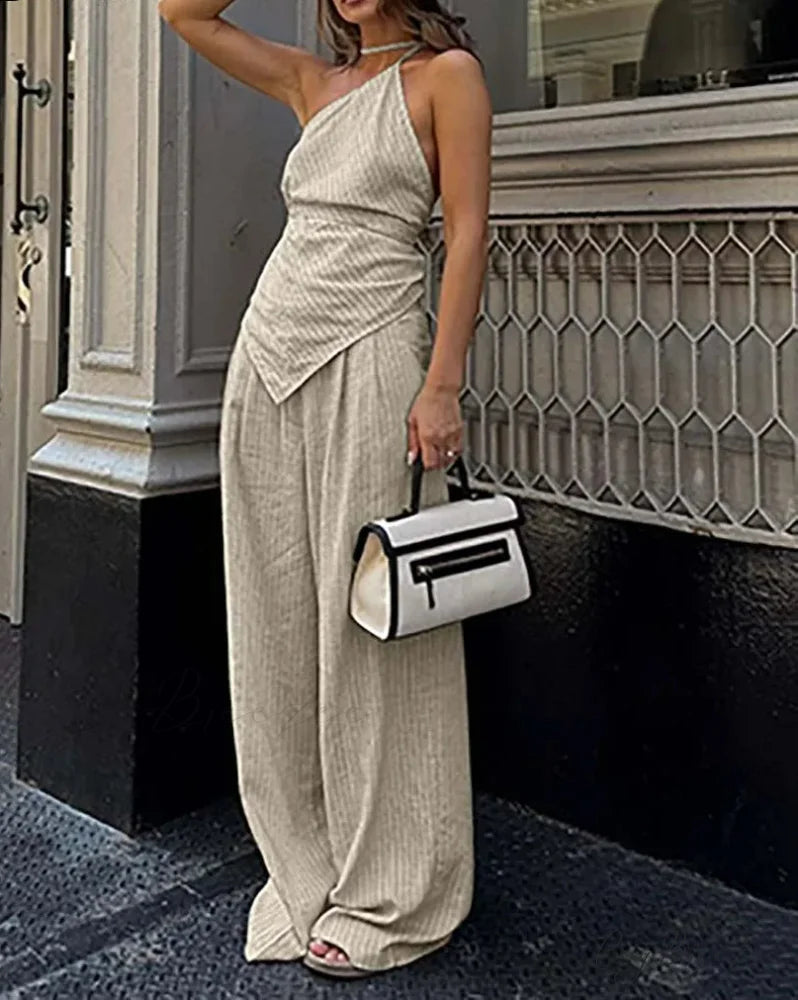 Apricot Print Halter Lace-Up Pants Office Set Apricot / S officetwopieceset-250223