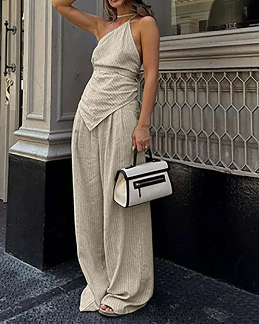 Apricot Print Halter Lace-Up Pants Office Set Apricot / S officetwopieceset-250223