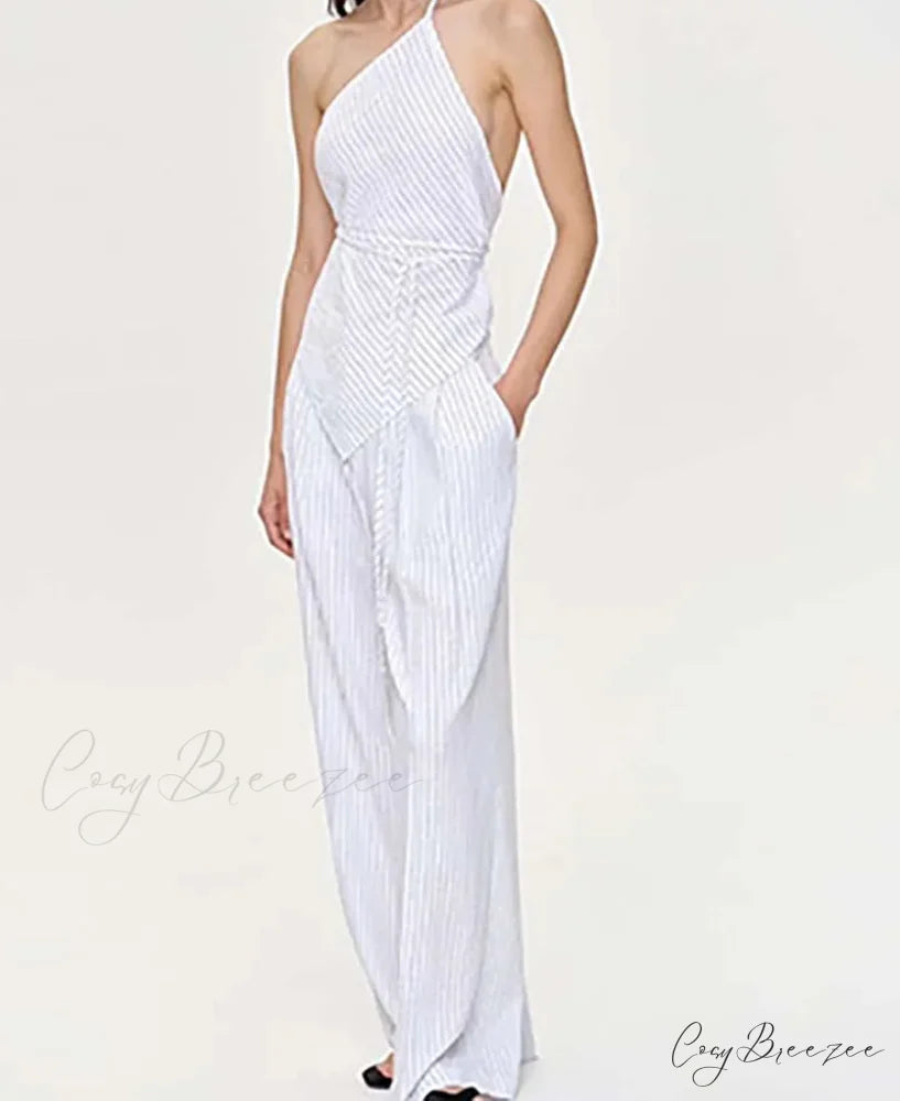 Apricot Print Halter Lace-Up Pants Office Set WHITE / S officetwopieceset-250223