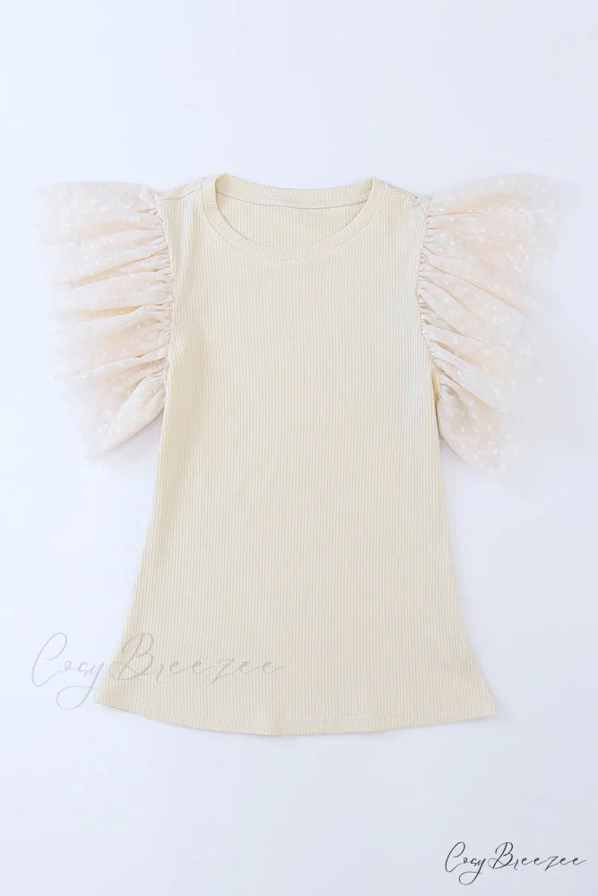 Apricot Ruffle Mesh Ribbed Knit Arm Top
