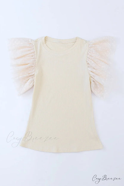 Apricot Ruffle Mesh Ribbed Knit Arm Top