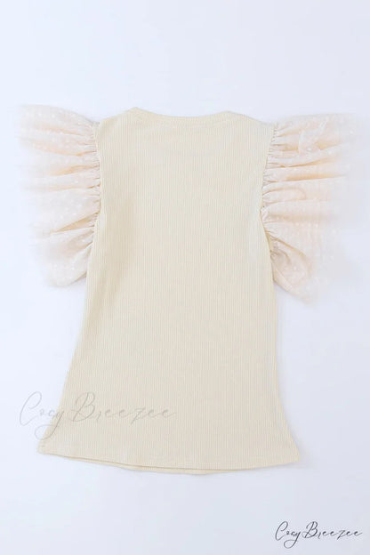 Apricot Ruffle Mesh Ribbed Knit Arm Top