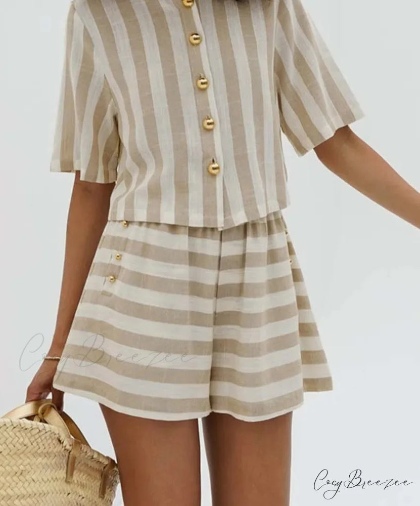 Apricot Striped Short Sleeve Shorts Office Set officetwopieceset-250223