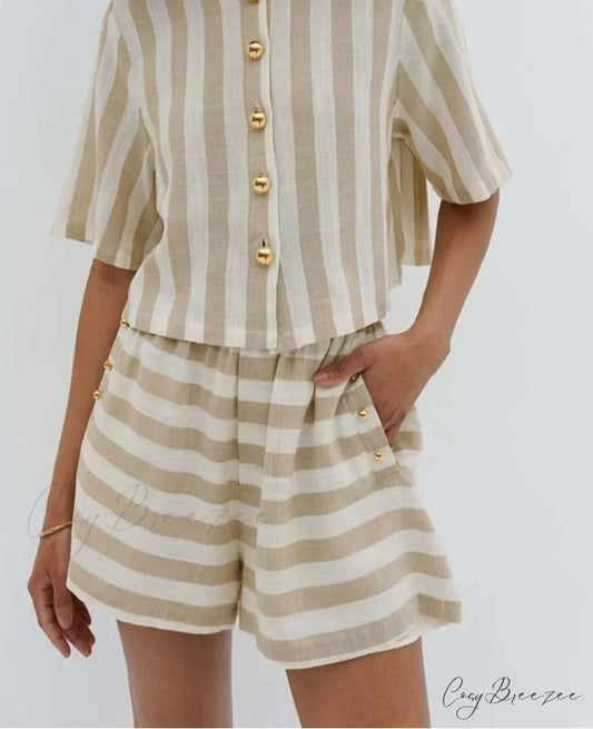 Apricot Striped Short Sleeve Shorts Office Set Apricot / S officetwopieceset-250223